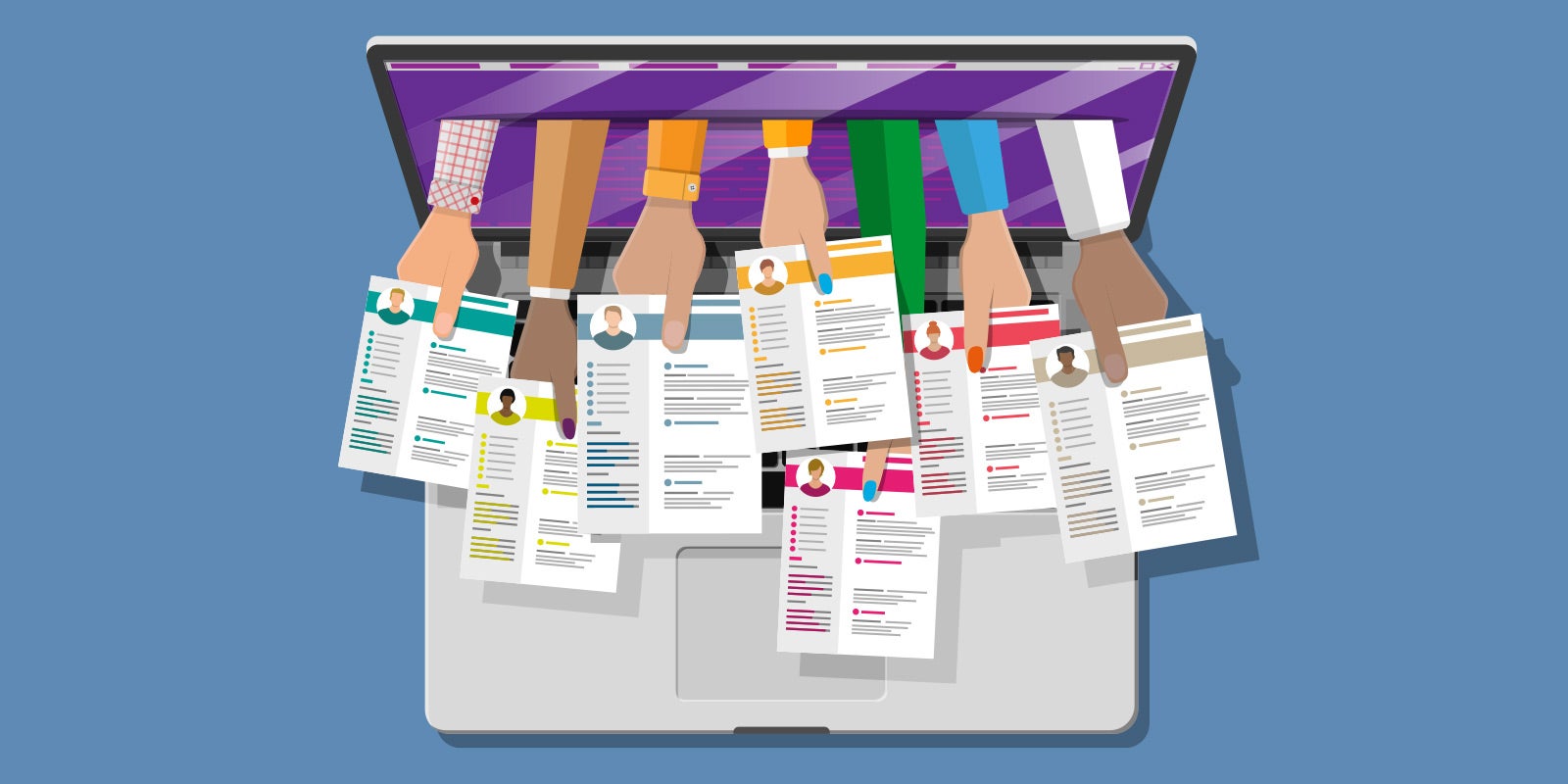 illustration of several diverse arms, handing out resumes through a laptop screen to show that this blog is about working with an executive search firm