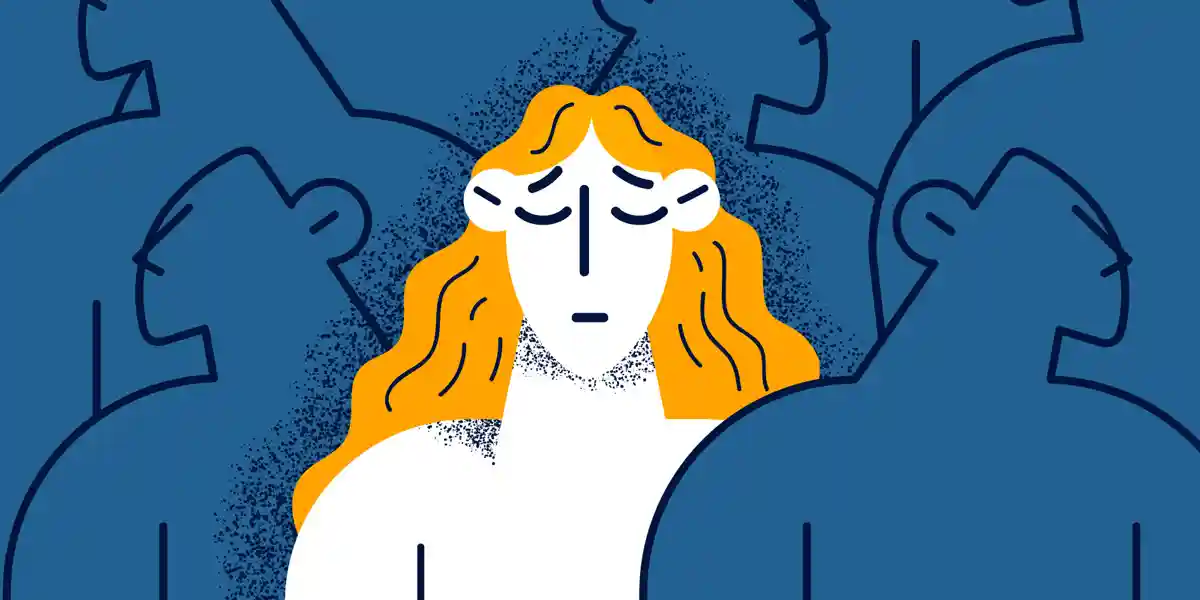 Illustration d’une femme avec les yeux baissés, l’air épuisé par son travail, car ce blog contient des conseils sur la façon d’aider les femmes sur le lieu de travail à surmonter l’épuisement professionnel