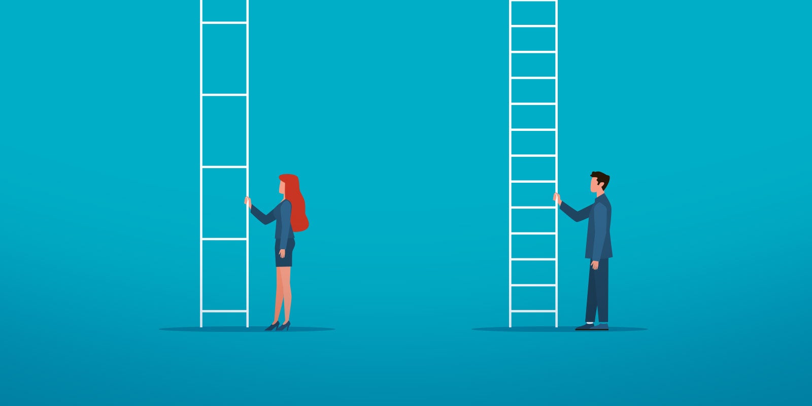 two animated ladders with a woman standing next to one where the rungs are further apart and a man standing next to the other ladder with the rungs much closer together to symbolize  women struggling to get P&L responsibility