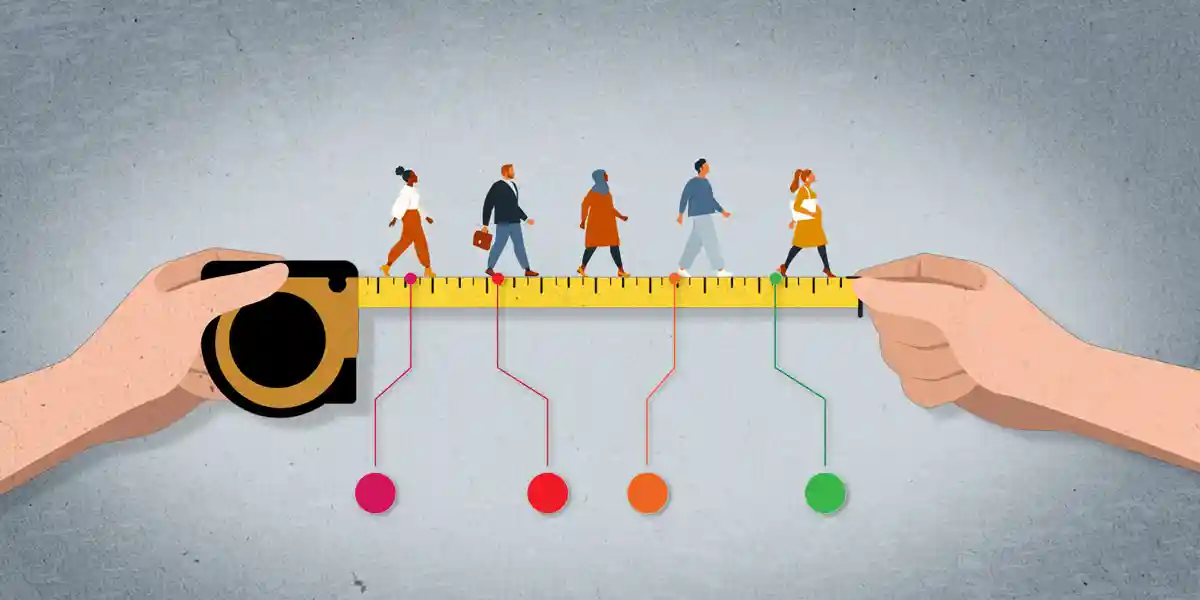 Des mains tenant un ruban à mesurer sur lequel marchent des professionnels, chacun connecté à des indicateurs de mesure colorés ci-dessous, représentant les résultats de mesure du développement du leadership