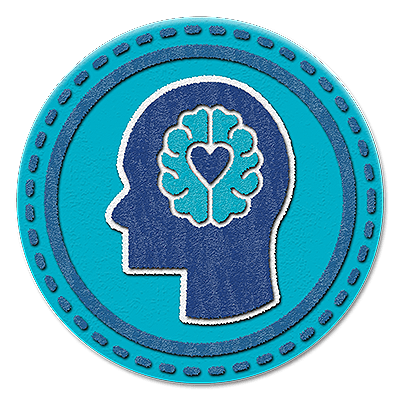 Badge d’intelligence émotionnelle (cerveau avec cœur de la personne) pour représenter l’une des compétences de base en leadership
