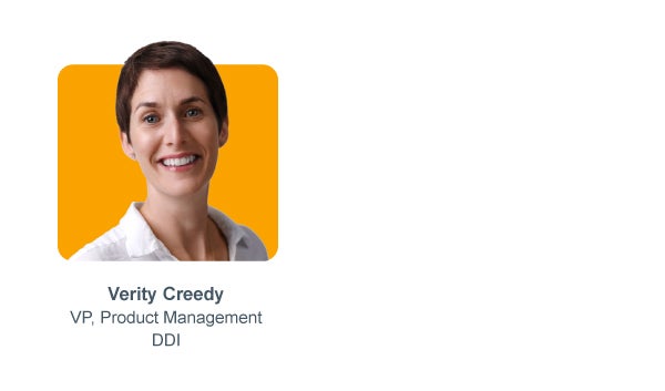 Photo de Verity Creedy, vice-présidente de la gestion des produits chez DDI, avec le nom et le titre affichés.