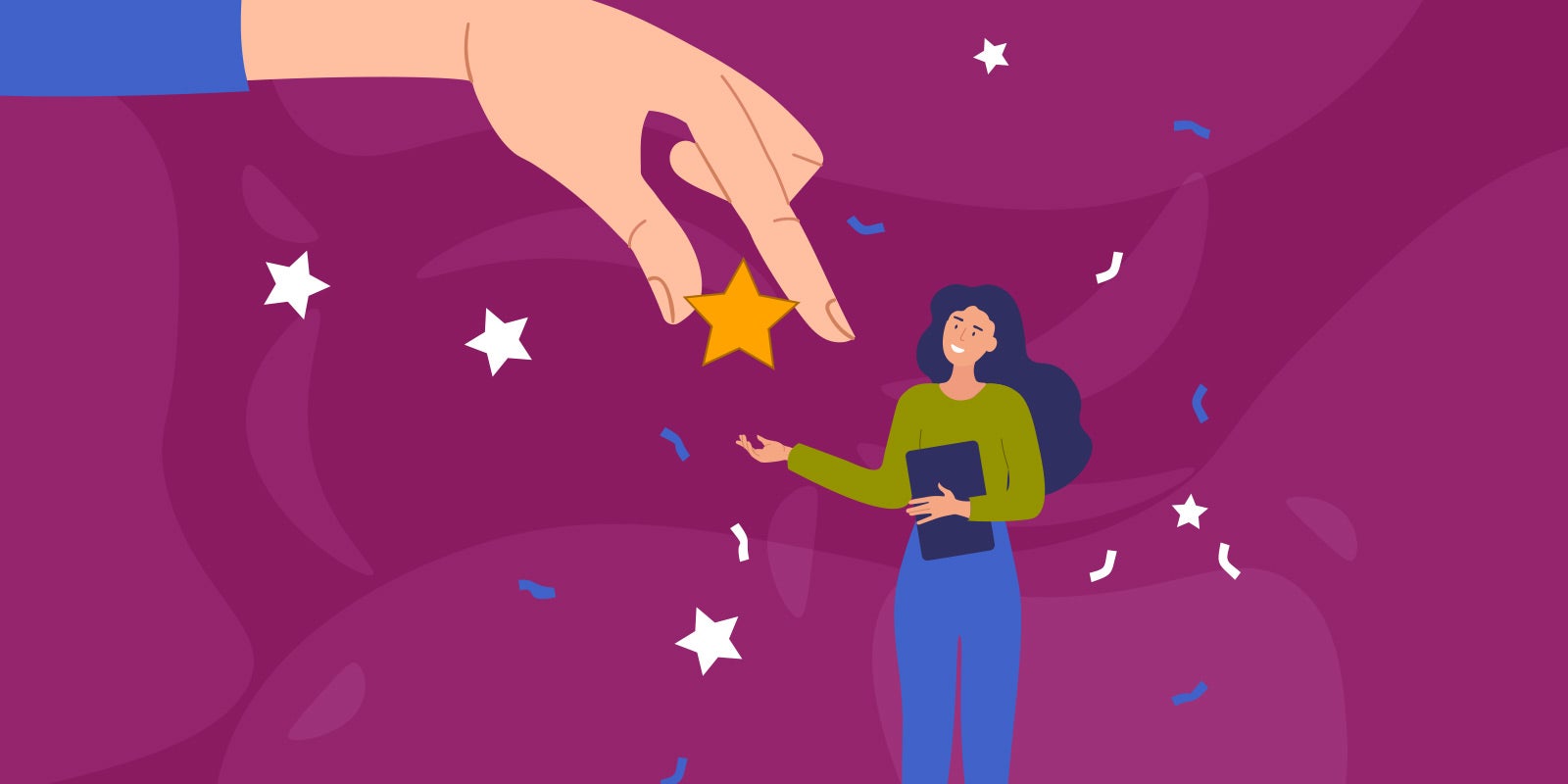 illustration of a giant hand giving a star to a woman business professional, a metaphor to show that this blog is about how to give effective feedback in the workplace and how to give feedback that is also meaningful