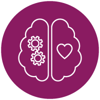 brain icon with gears in the left of the brain and a heart in the right side of the brain
