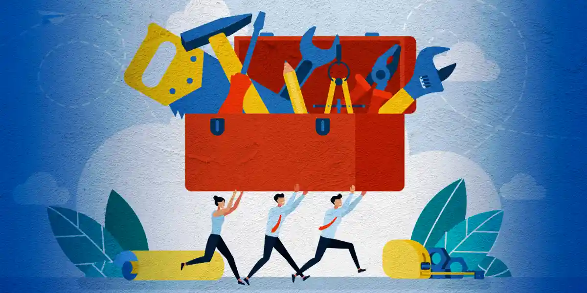illustration of employees carrying a large toolbox filled with an assortment of tools to represent a variety of leadership assessment types you can use for selection and development