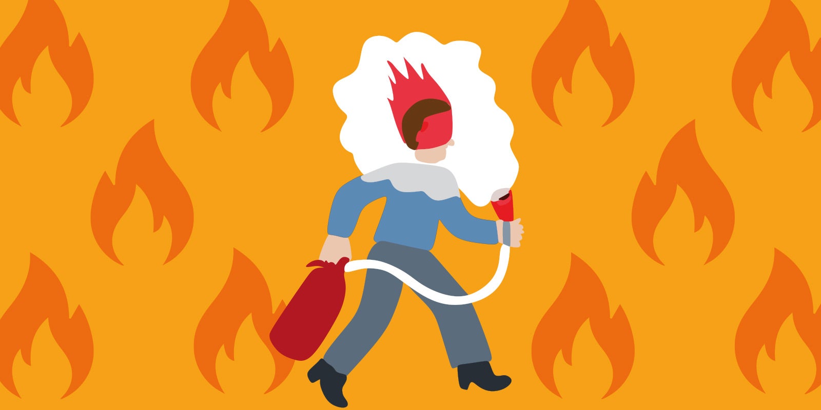 illustration of a male business professional with his head on fire, using a fire extinguisher to help the flames go out to show this blog post is about how leaders can prevent burnout