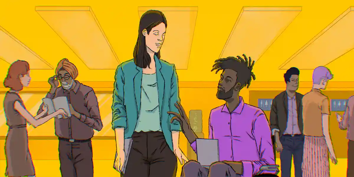 Couloir du lieu de travail avec des employés issus de la diversité qui s’engagent dans une conversation pour montrer comment créer un environnement inclusif - Ce blog répond également à la question « Qu’est-ce qu’un environnement inclusif ? »