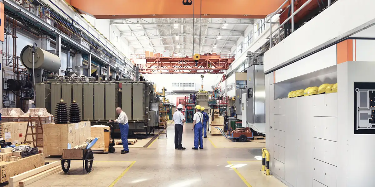 Etage einer Energietransformatoranlage mit Arbeitern mit Schutzhelmen, die miteinander sprechen