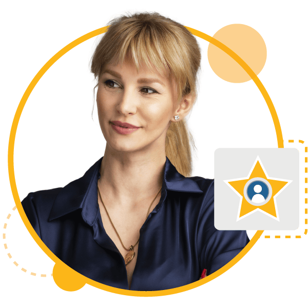 Frau lächelt über DDIs Star-Methode für Interviews neben einem Sternsymbol mit Person darin?fm=webp&q=65