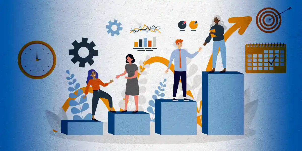 Illustration d’employés debout sur des colonnes croissantes de graphiques à barres, entourées d’icônes telles qu’une horloge, un calendrier, un objectif et d’autres graphiques pour montrer que la mise en œuvre d’un programme de développement du leadership réussi nécessite plusieurs étapes