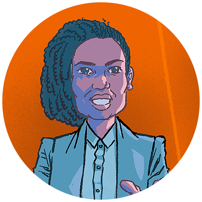 Une femme pointant du doigt pour montrer qu’elle est une partie prenante de type croyant