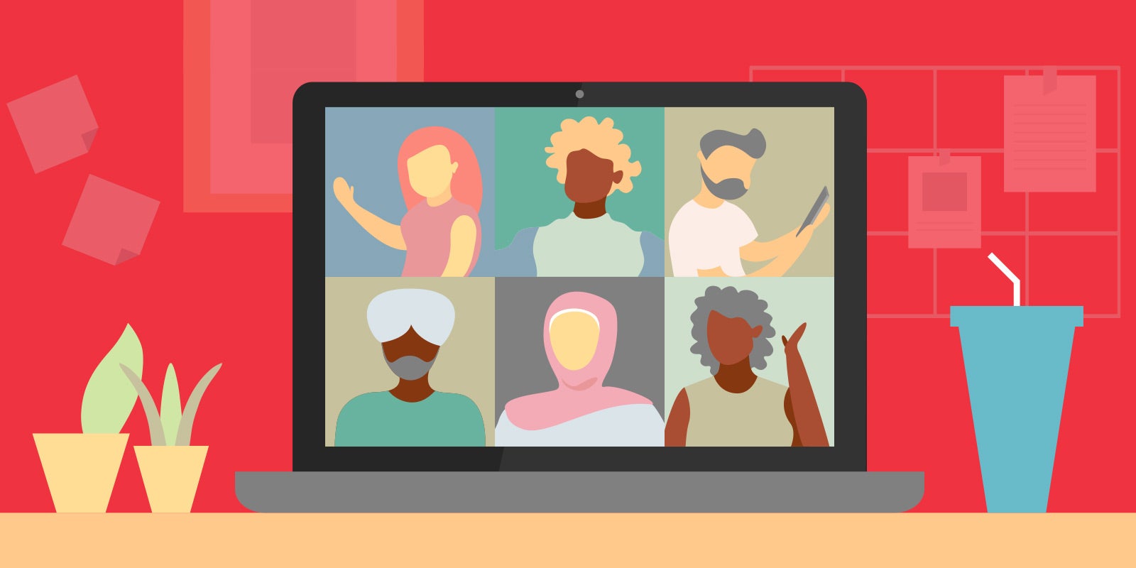 illustration of a laptop with a virtual meeting happening, with six screens of diverse individuals showing team diversity in the workplace, to show this blog gives tips about embracing diversity at work