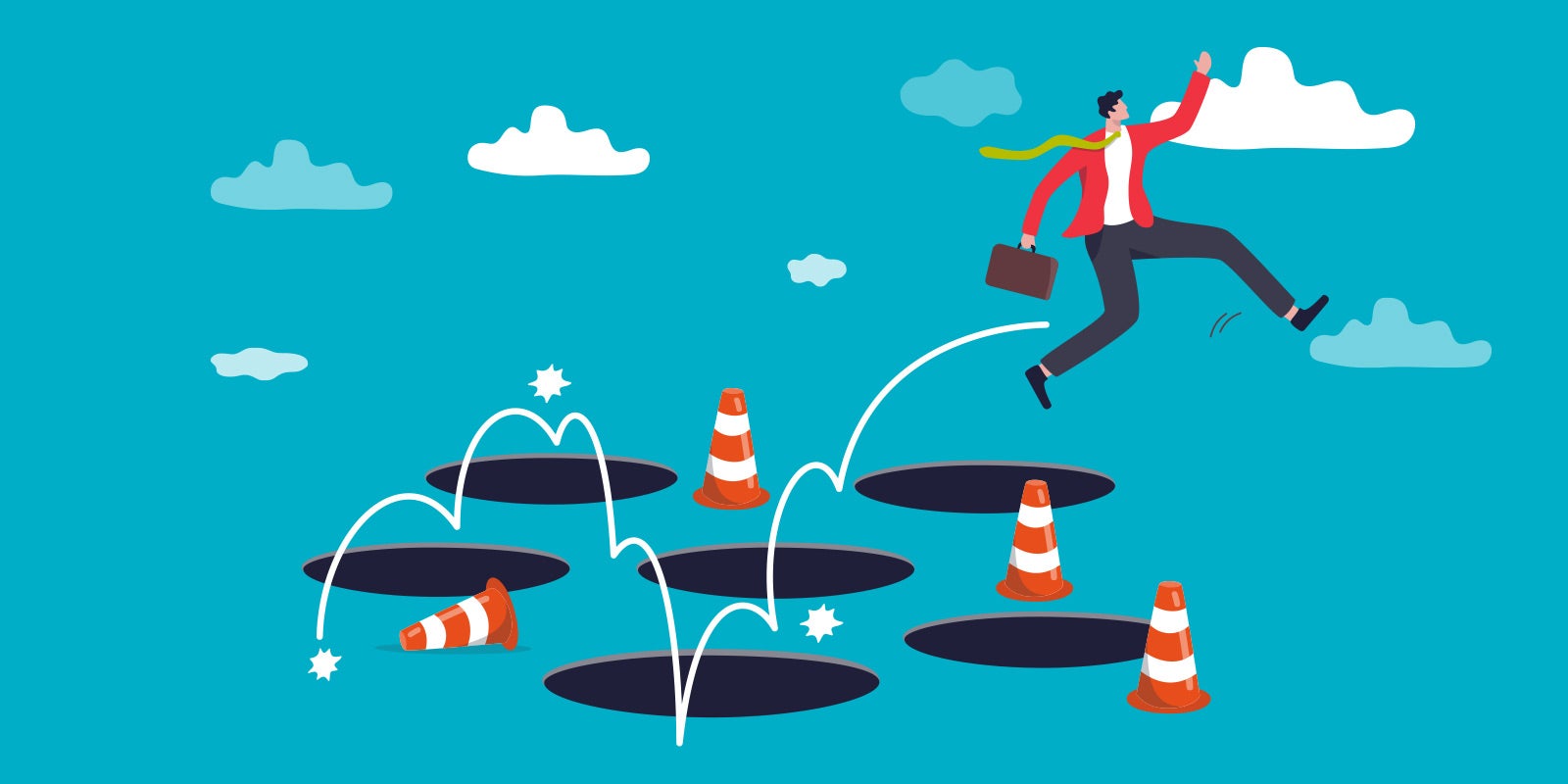 illustration of a man business professional jumping and running, avoiding potholes on the ground that are marked with orange traffic cones, to show this blog post is about how to avoid effective delegation mistakes