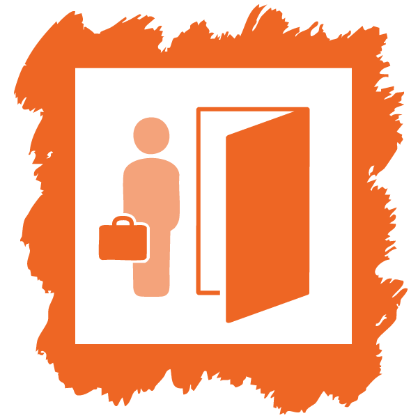 icône d’une personne, tenant une mallette, sur le point de franchir une porte pour montrer que la réduction du roulement du personnel est le premier moyen de démontrer le retour sur investissement du développement du leadership