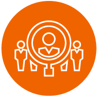 several people icons with one person out front of the group inside the top of a magnifying glass to show 360-degree interviewing as a type of data source for executive coaching