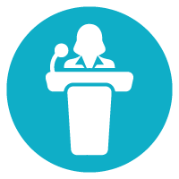 Das Symbol einer Frau, die auf einem Podium spricht, um ihren Einfluss zu zeigen, Network ist eine Art von Netzwerk, das jede weibliche Führungskraft braucht