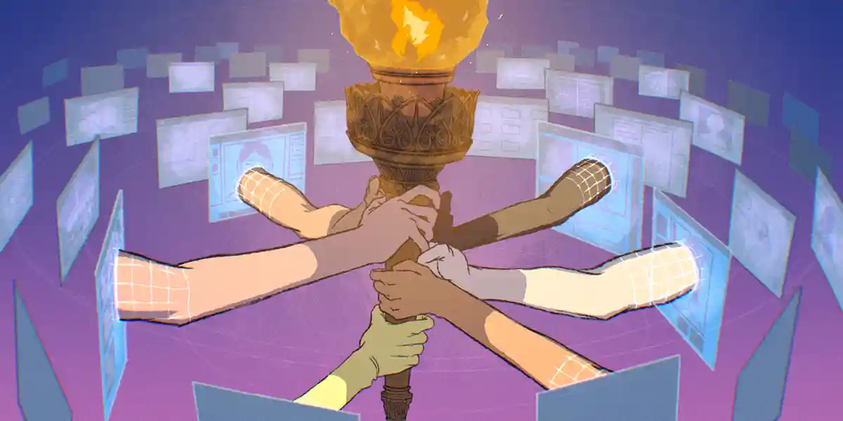 Illustration de plusieurs bras sortant d’écrans d’ordinateurs portables, tous tenant une torche allumée, alors que ce blog présente des conseils aux leaders pour créer une solide culture de travail à distance lorsqu’ils dirigent des équipes à distance