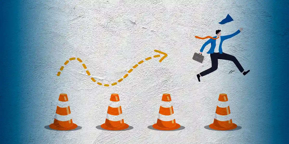 Illustrated man in business attire hopping between orange traffic cones to demonstrate agile leadership.