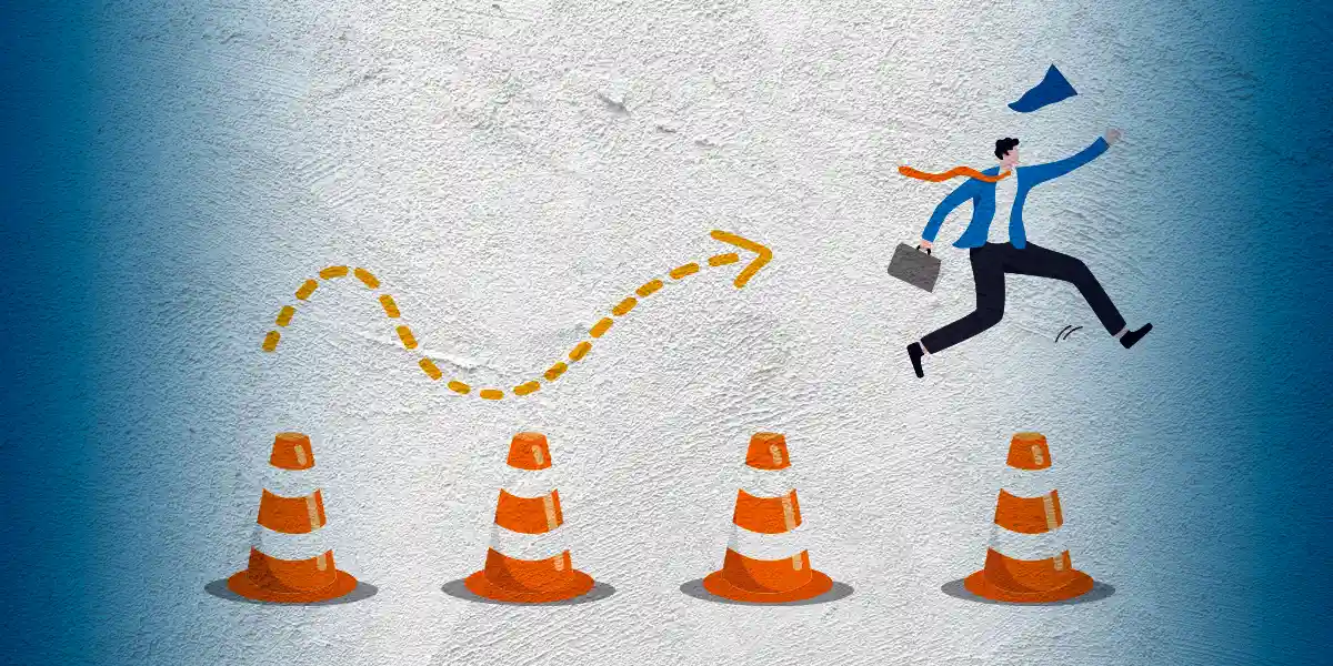 Illustrated man in business attire hopping between orange traffic cones to demonstrate agile leadership.