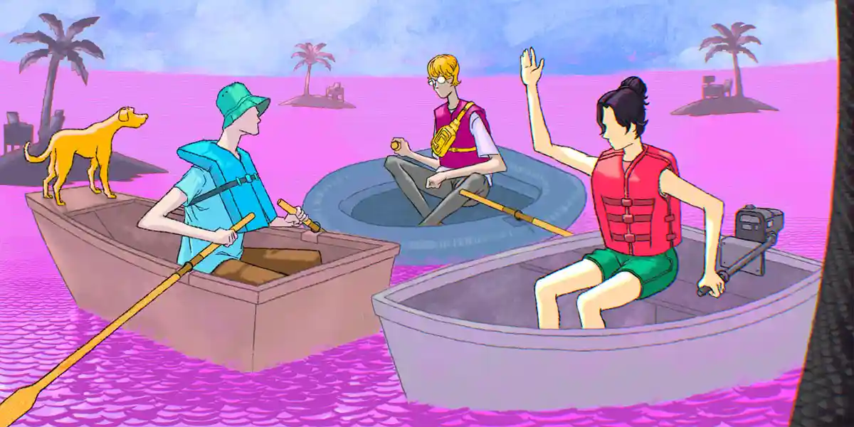 Menschen in Booten verlassen ihre Inseln und schließen sich zusammen, um die Einsamkeit der Remote-Arbeit zu überwinden.