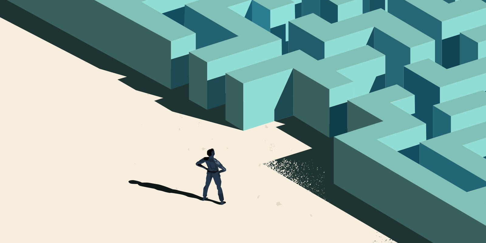 animated man standing confidently in front of a maze to symbolize the beginning of his leadership journey