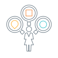 Person mit Gedankenblasen mit verschiedenen Formen darin, um die Komplexität von Persönlichkeitseinblicken für das mittlere Management zu symbolisieren