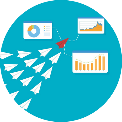 illustration of a flying red paper airplane representing a leader of other paper airplanes with various charts measuring its effectiveness