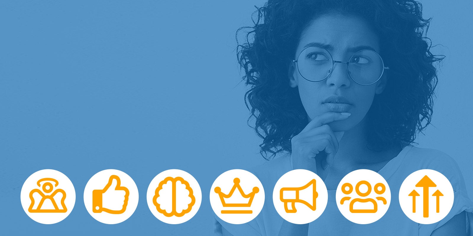 Woman in blue image behind seven icons of Types of unconscious bias