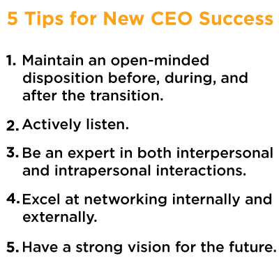 callout that says, "5 Tips for New CEO Success," 1. Maintain an open-minded disposition 2. Actively listen. 3. Be an expert in both interpersonal and intrapersonal interactions. 4. Excel at networking. 5. Have a strong vision for the future.