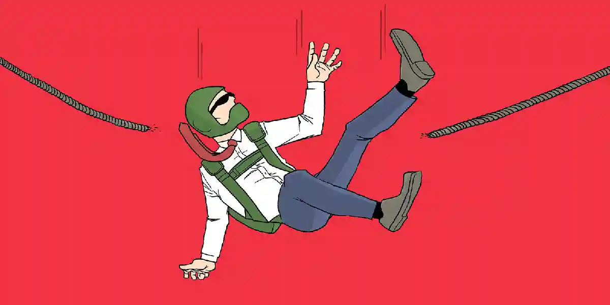 Ein leitender Angestellter springt mit dem Fallschirm, greift in den Himmel und greift nach etwas, während es aussieht, als wäre seine Fallschirmleine durchtrennt worden, und zeigt, dass es in diesem Blog darum geht, warum Führungskräfte scheitern und wie sie häufige Fehltritte überwinden können