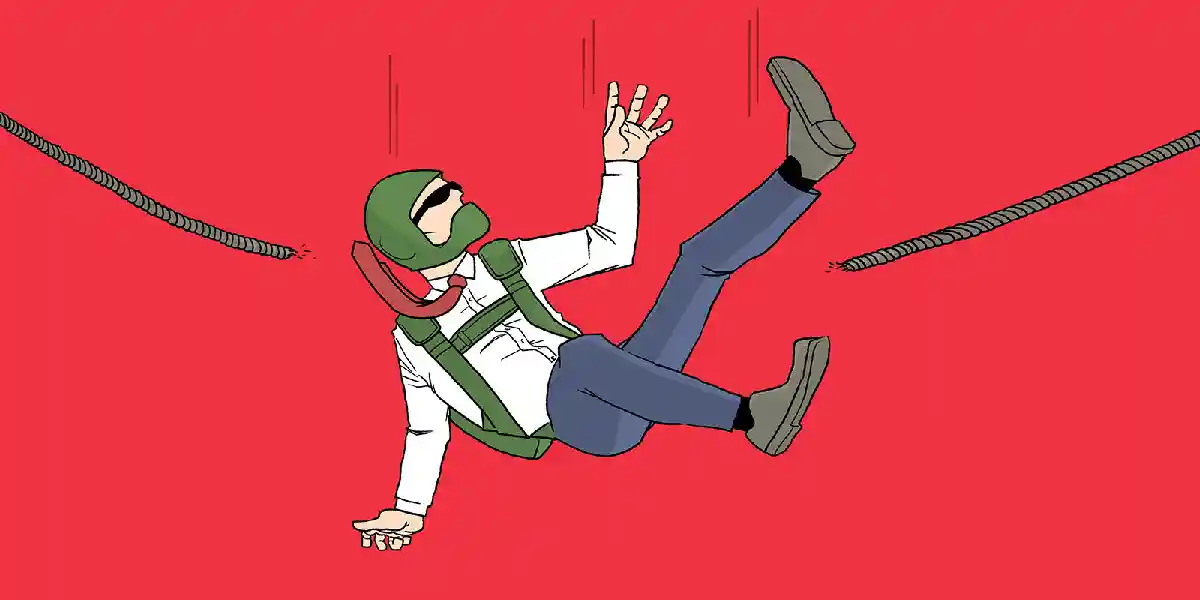 Ein leitender Angestellter springt mit dem Fallschirm, greift in den Himmel und greift nach etwas, während es aussieht, als wäre seine Fallschirmleine durchtrennt worden, und zeigt, dass es in diesem Blog darum geht, warum Führungskräfte scheitern und wie sie häufige Fehltritte überwinden können