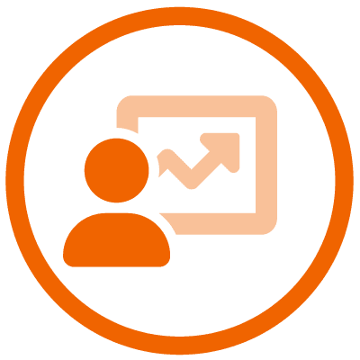 icon of a person looking at a screen with an arrow trending up to show that the employee experience is one of the top 10 hot leadership topics for 2022