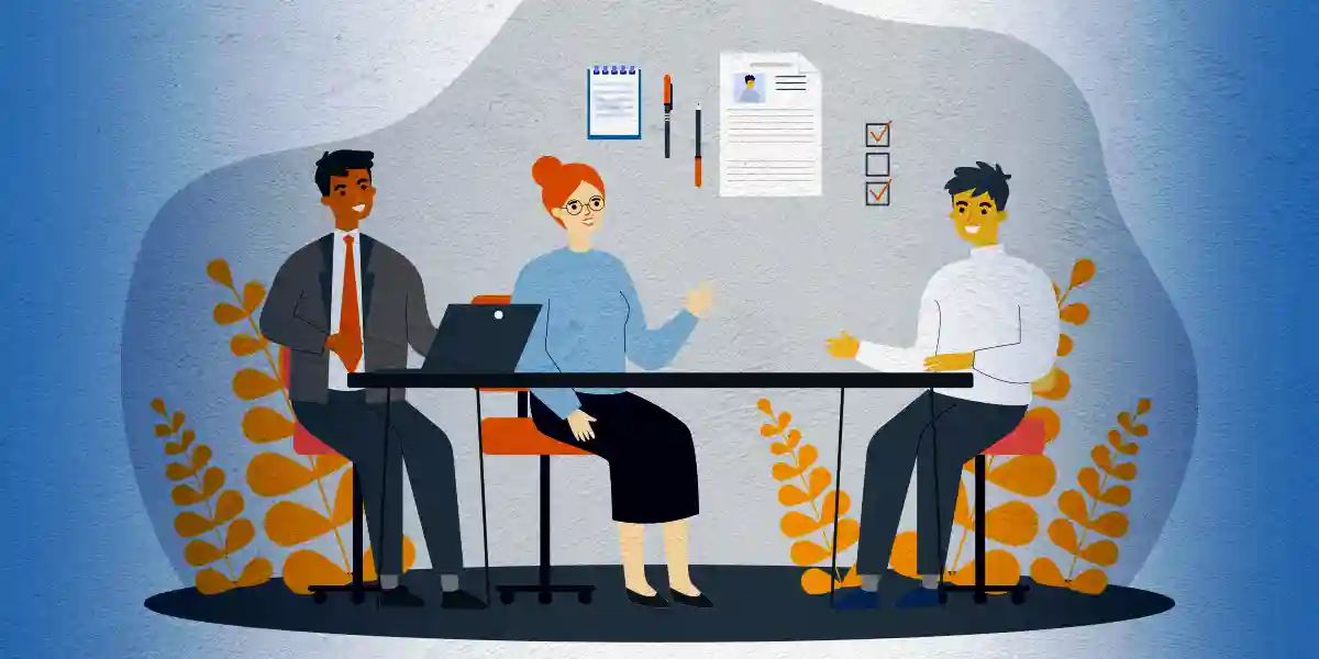 Three illustrated business people sitting at a table for an interview to practice behavioral interview techniques. 