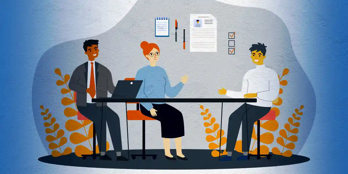 Three illustrated business people sitting at a table for an interview to practice behavioral interview techniques. 