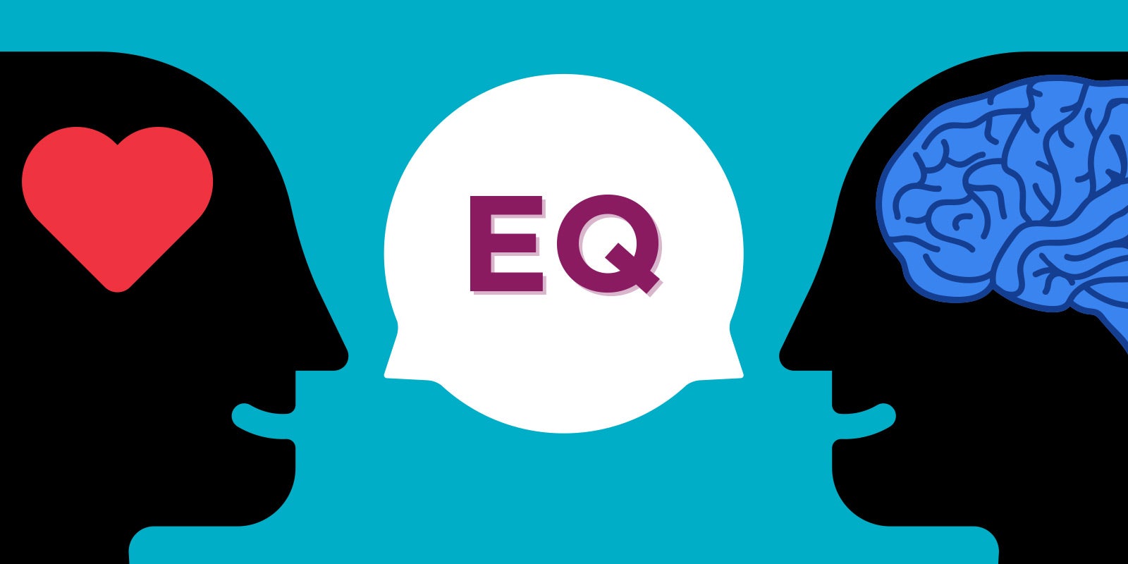 illustration of two heads, one on the left with a heart in the brain area, and the one on the right with just their brain, and in the middle is a word bubble with the word "EQ" in it, coming from each of the heads' mouths to show this post is about why emotional intelligence in leadership is important and emotional intelligence competencies for leaders