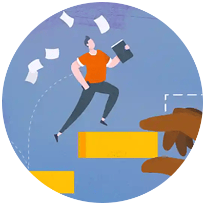 Man running up a set of stairs with a binder full of papers and learning how to create a coaching culture. 