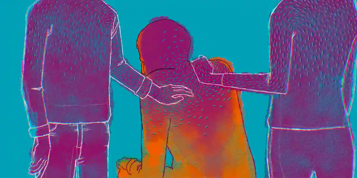 Illustration de trois cadres, dont l’un au milieu est assis et réconforté par deux cadres, pour montrer que ce blog traite de la façon dont les cadres peuvent pratiquer un leadership vulnérable