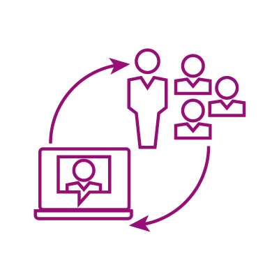 Illustration d’une icône de personne sur un ordinateur portable avec des flèches pointant vers le haut vers une icône d’enseignant et des icônes de personne d’élève pour montrer que la classe inversée fait partie des outils des stratégies d’apprentissage mixte