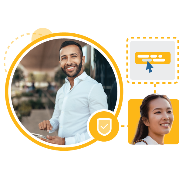 selbstbewusster, lächelnder diverser Mann Frontline-Leader arbeitet an seinem DDI-Führungskräfteentwicklungsprogramm auf einem Tablet und unter ihm eine lächelnde vielfältige Frau Frontline-Leader?fm=webp&q=65