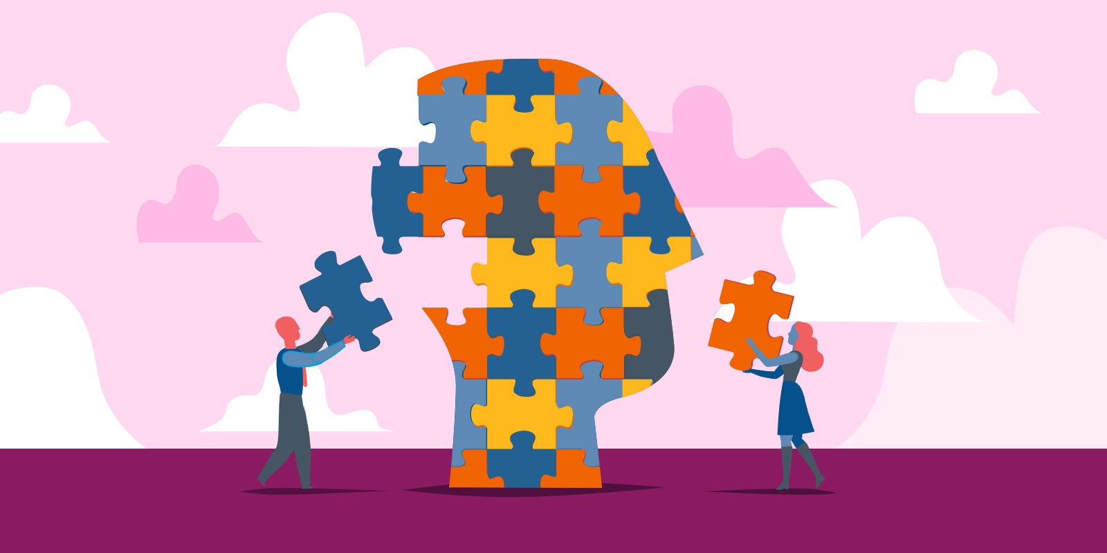 illustration of a giant head, filled with puzzle pieces, and two people are putting pieces into the head that fit within the other pieces, to show that understanding a candidate's motivational fit is an important piece of the "hiring the best person for the job" puzzle