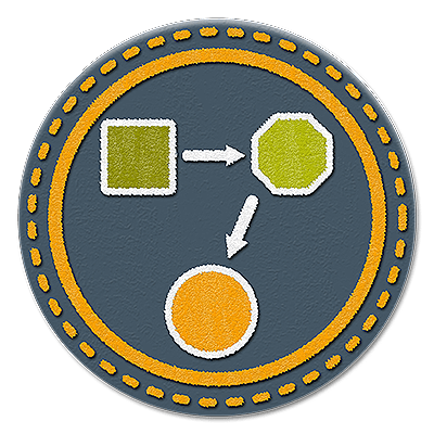 Badge de facilitation du changement (carré se transformant en d’autres formes) pour représenter l’une des compétences de base en leadership