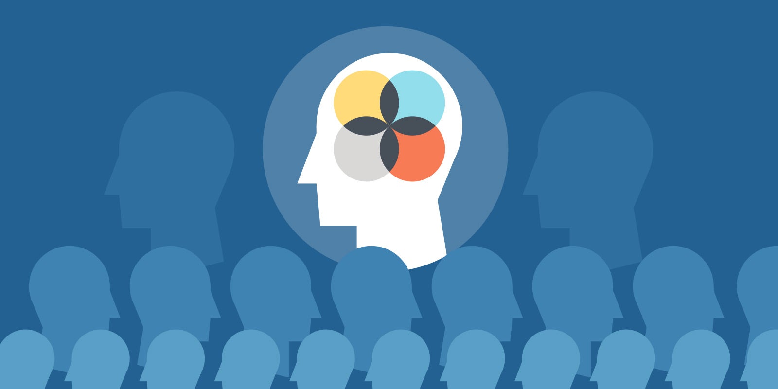 illustration of the silhouette of many heads, with one head larger than the rest, in white, highlighted in the center of all the heads. This one in the center has four smaller circles within the head, to show that this blog will be discussing the essential CEO leadership skills needed for success 