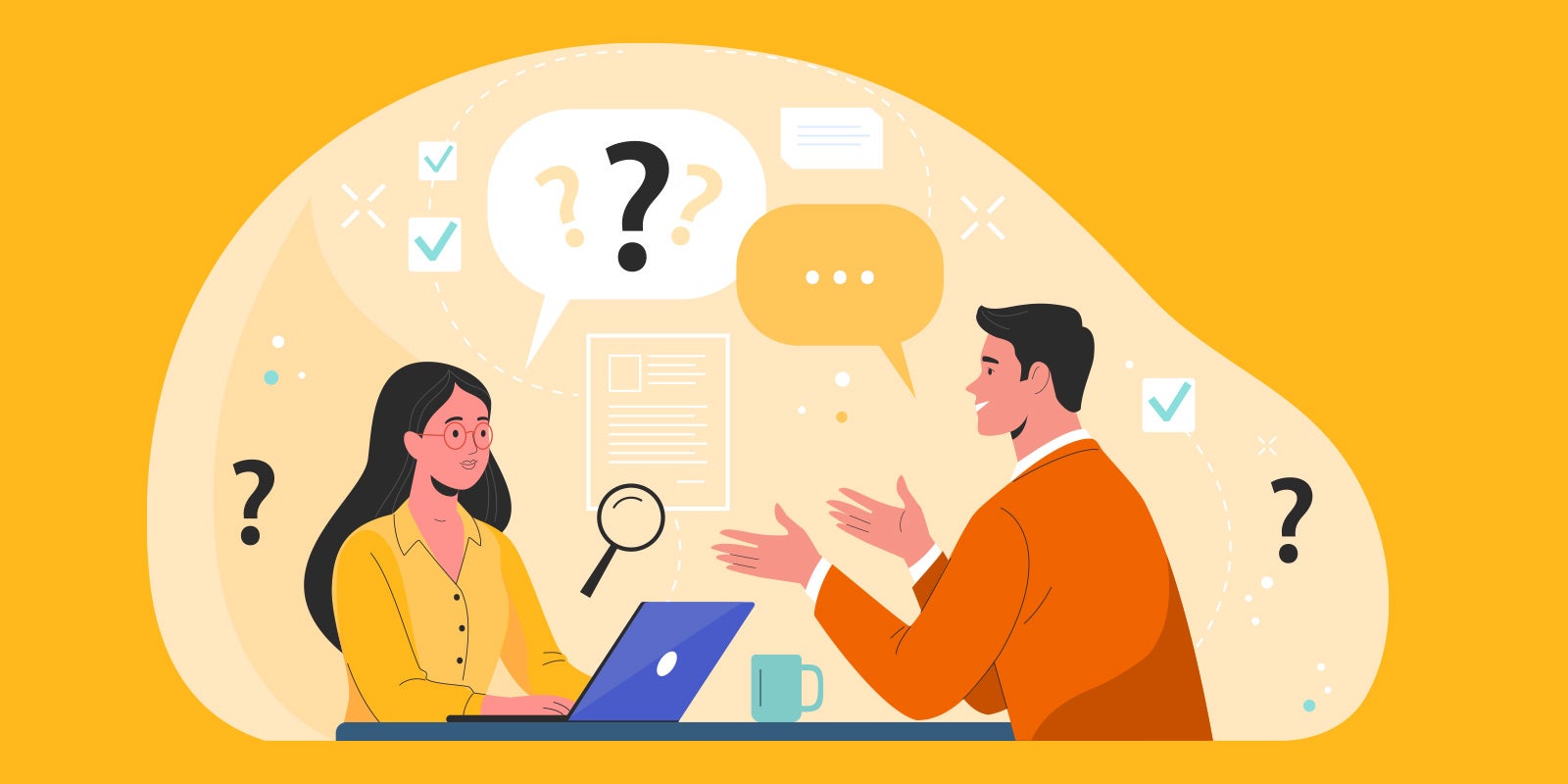 illustration of a woman interviewer sitting behind a computer interviewing a male interviewee with question marks in the air above them to show this blog is about understanding great behavioral interviewing questions