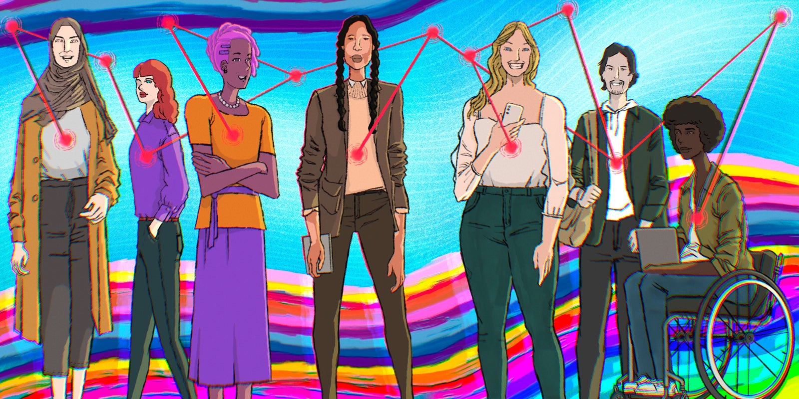 illustration of several diverse women standing and looking confident with a colorful wave in the background as this blog is about how women leaders can build strong networks
