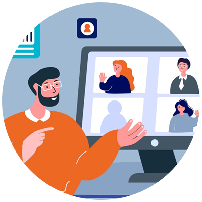 illustration of a leader talking at a screen with 4 of his colleagues in a remote meeting to show this blog is about how to lead a hybrid team