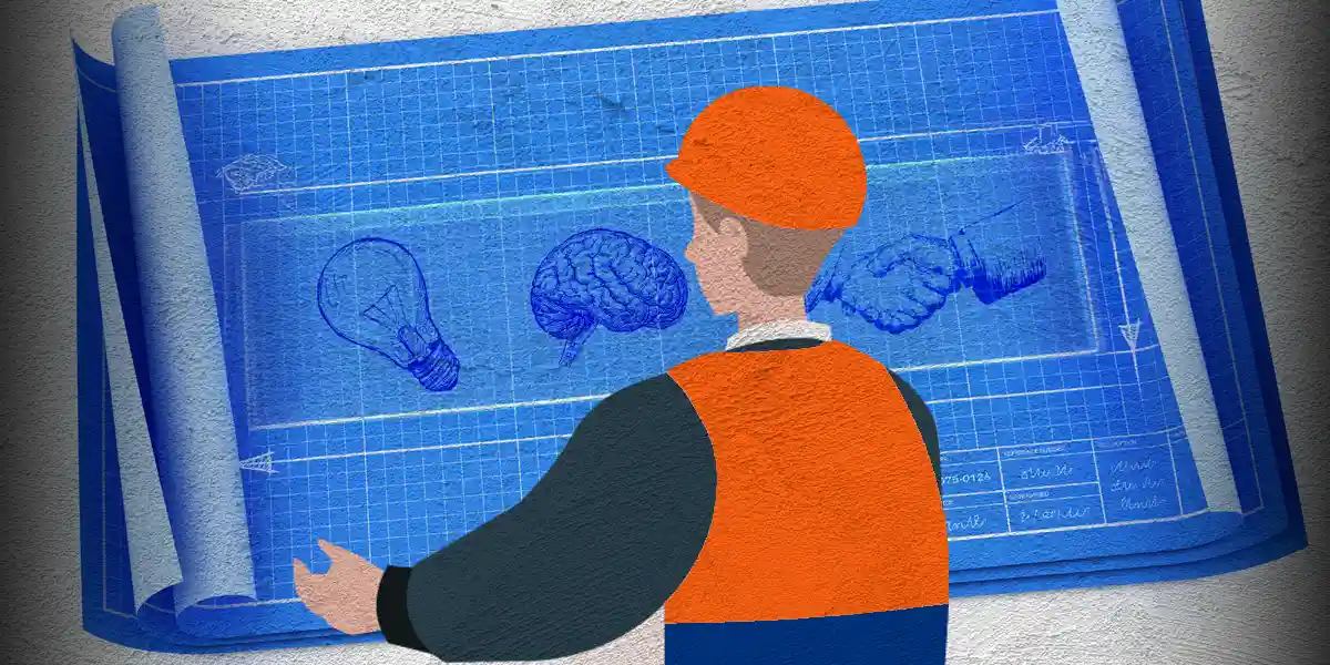 Illustration d’un homme d’affaires portant un chapeau et un gilet de construction orange devant un plan avec une ampoule, un cerveau et une poignée de main pour représenter les moteurs d’affaires.