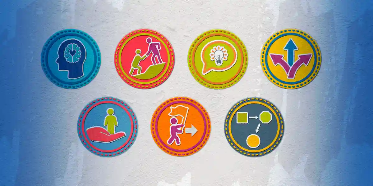 Seven round, colorful badges to represent 7 core leadership skills.