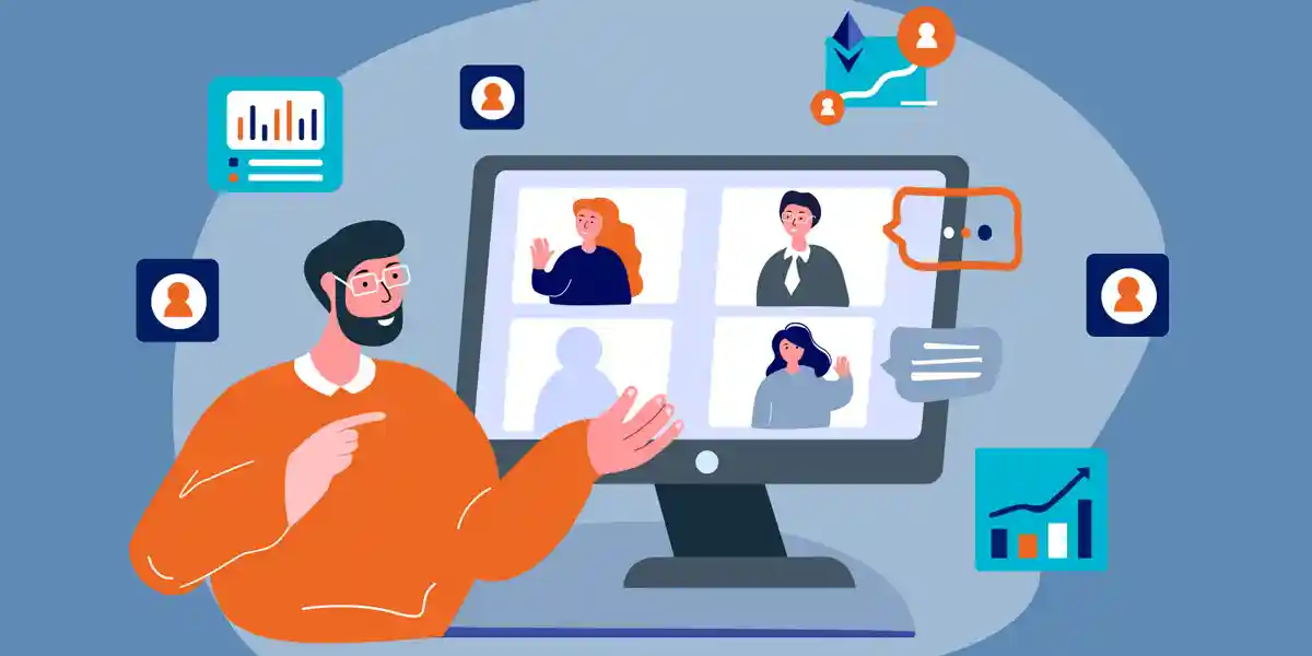 Illustration d’un leader masculin parlant devant un écran d’ordinateur avec quatre quadrants de personnes (son équipe hybride) pour montrer Ce billet de blog explique comment les leaders peuvent diriger au mieux une équipe en partie à distance et en partie en présentiel