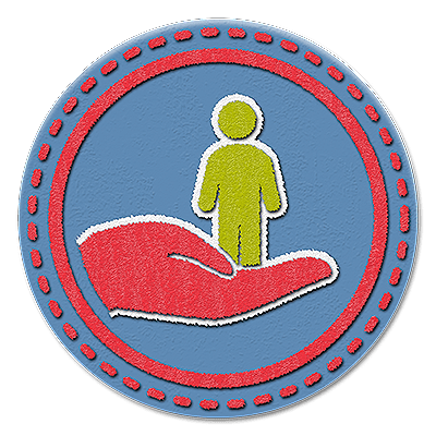Badge de délégation et d’autonomisation (personne dans la paume de la main) pour représenter l’une des compétences de base en leadership