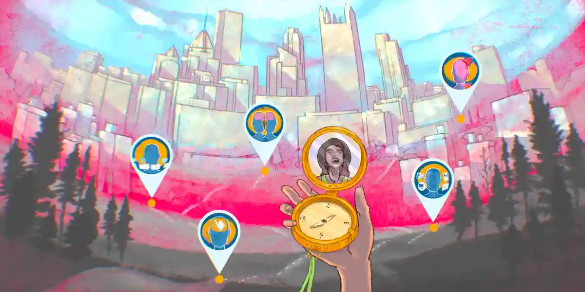 Roadmap der Top 5 Herausforderungen für die Entwicklung von Führungskräften in der Stadtlandschaft und Kompass, der gestresste Führungskräfte widerspiegelt